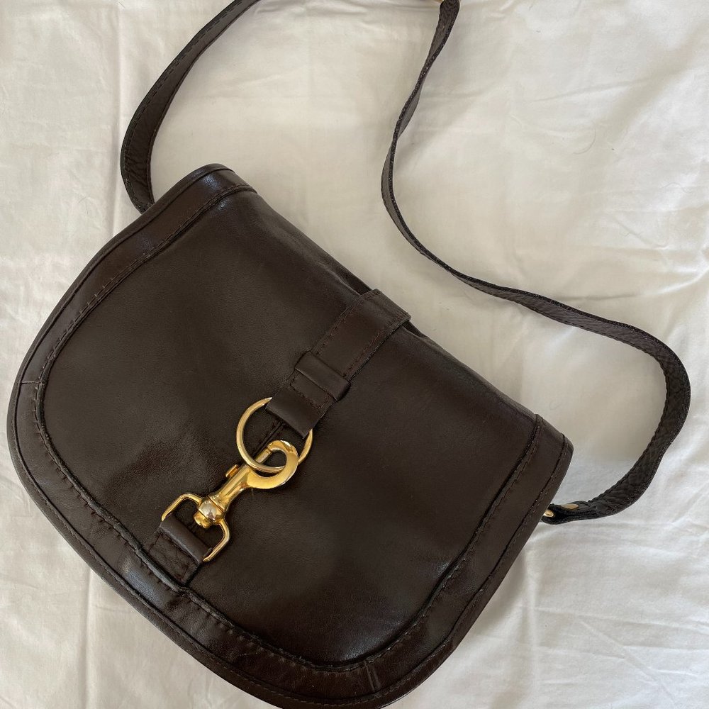 Macy Associates, Made it Italy, brown leather shoulder purse, brass adornme